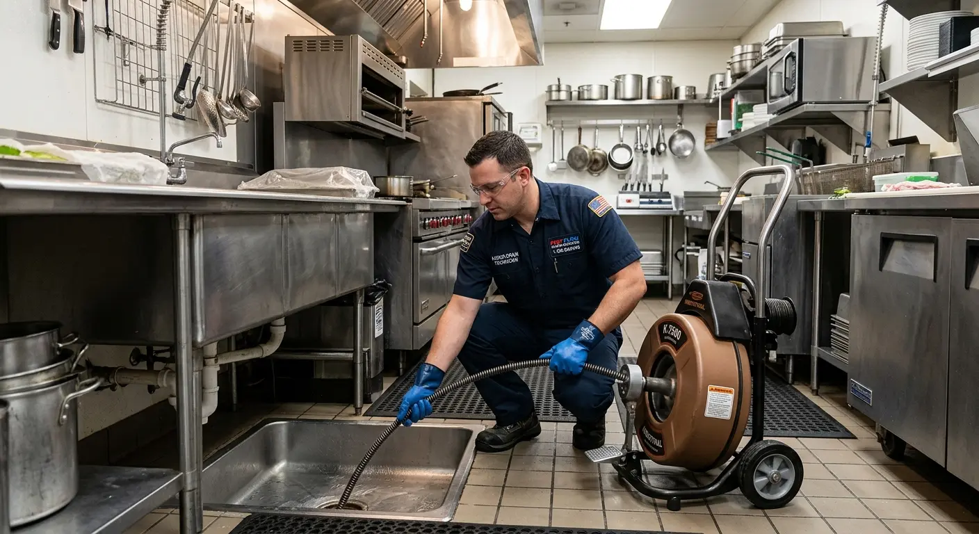 Commercial drain cleaning service in a restaurant kitchen in White Oak