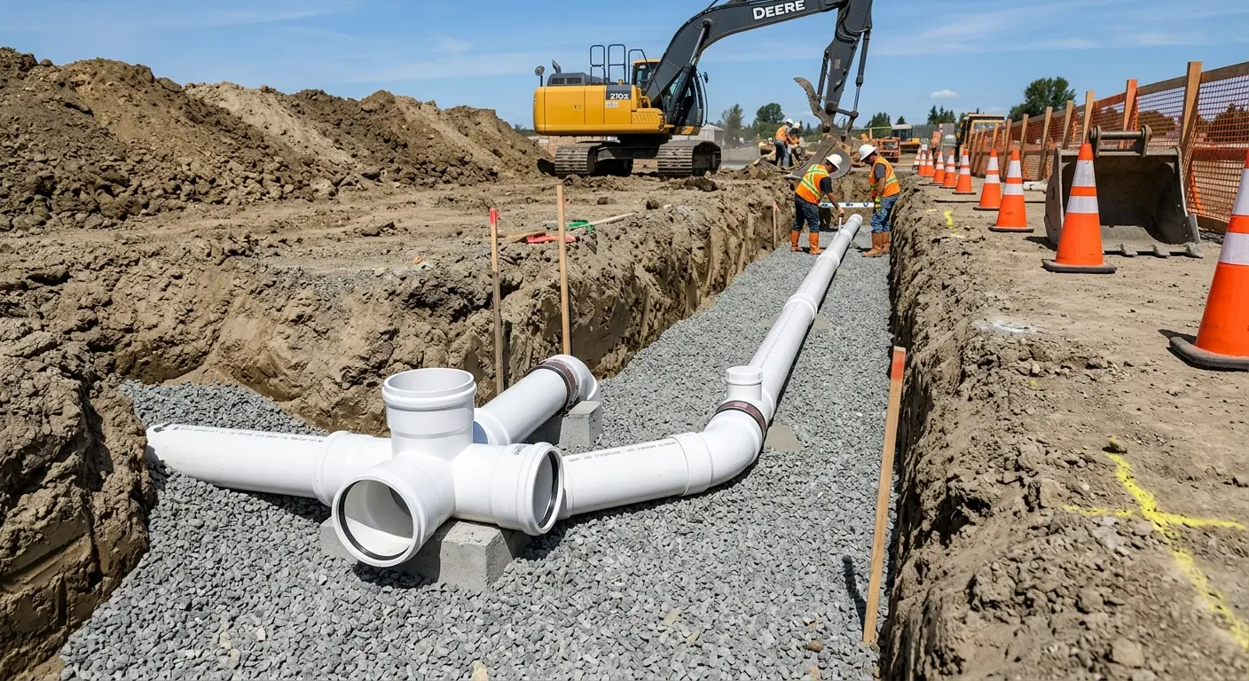 New PVC sewer pipe installation in open trench for Commercial Drain Cleaning in White Oak